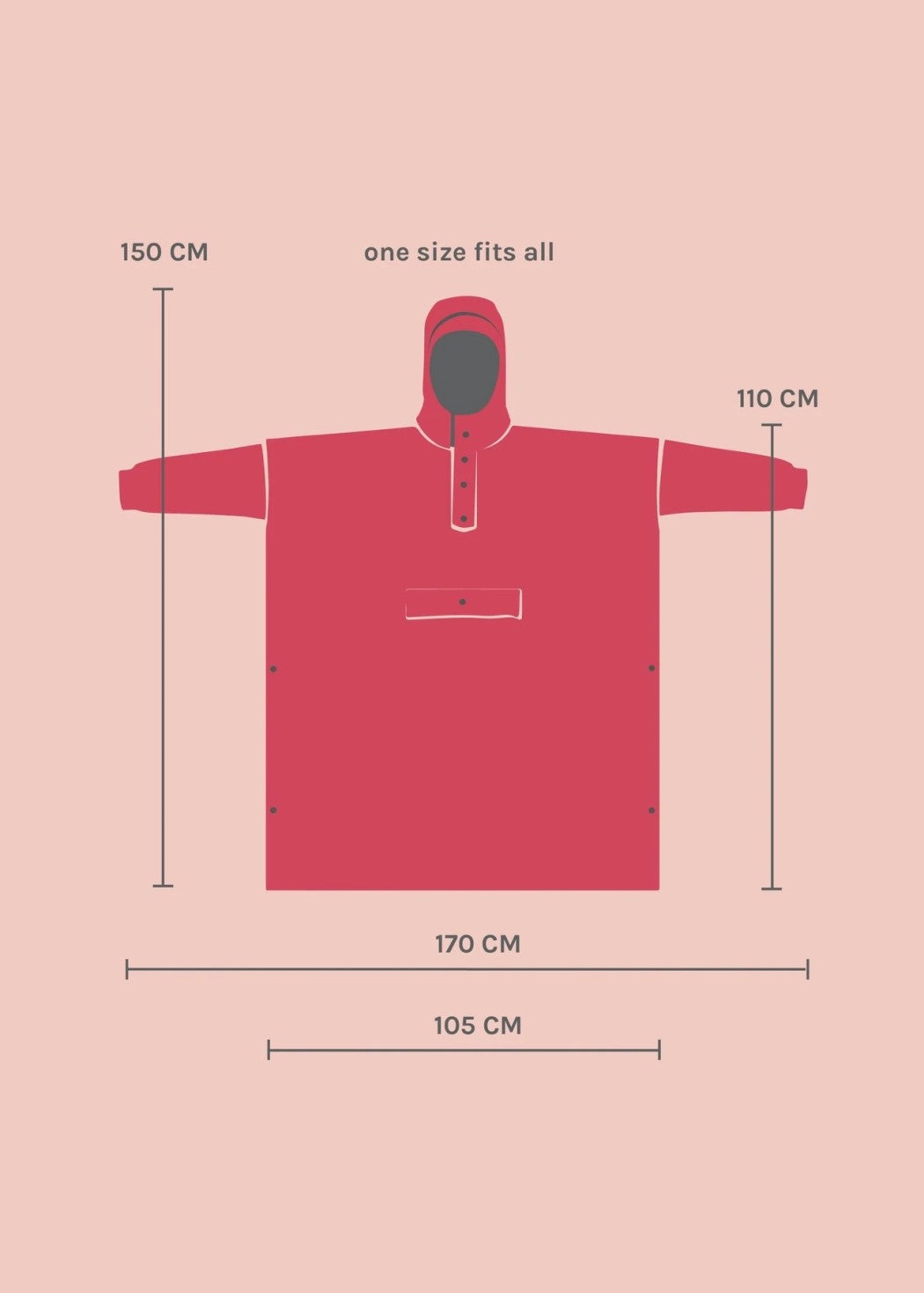 Red poncho with size chart on a pink background