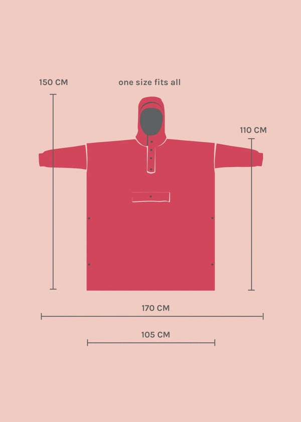 Red poncho with size chart on a pink background